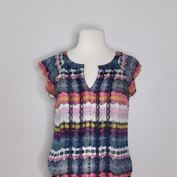 Anthropologie ODILLE Silk Ruffle Pleated Print Blouse Top Banded Hem Size 0 - Picture 4 of 12